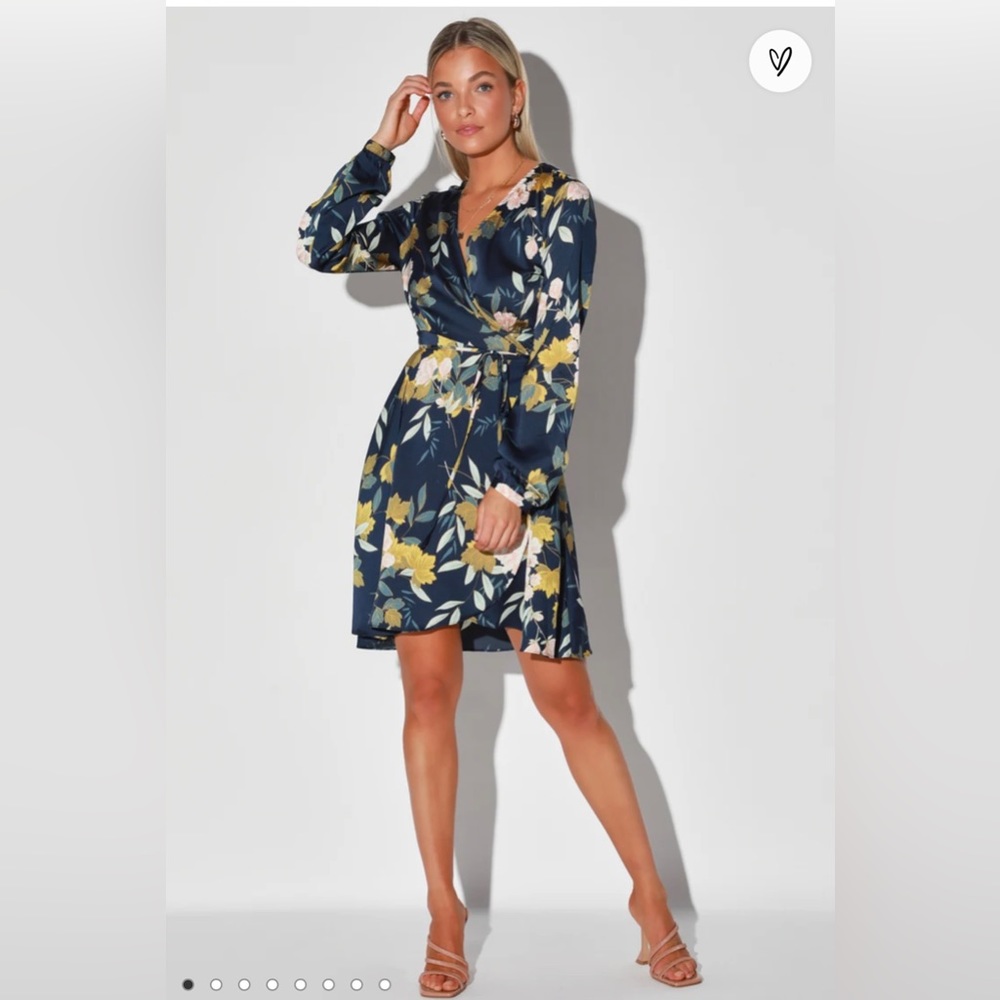 Lulus love is life navy blue floral print satin wrap dress